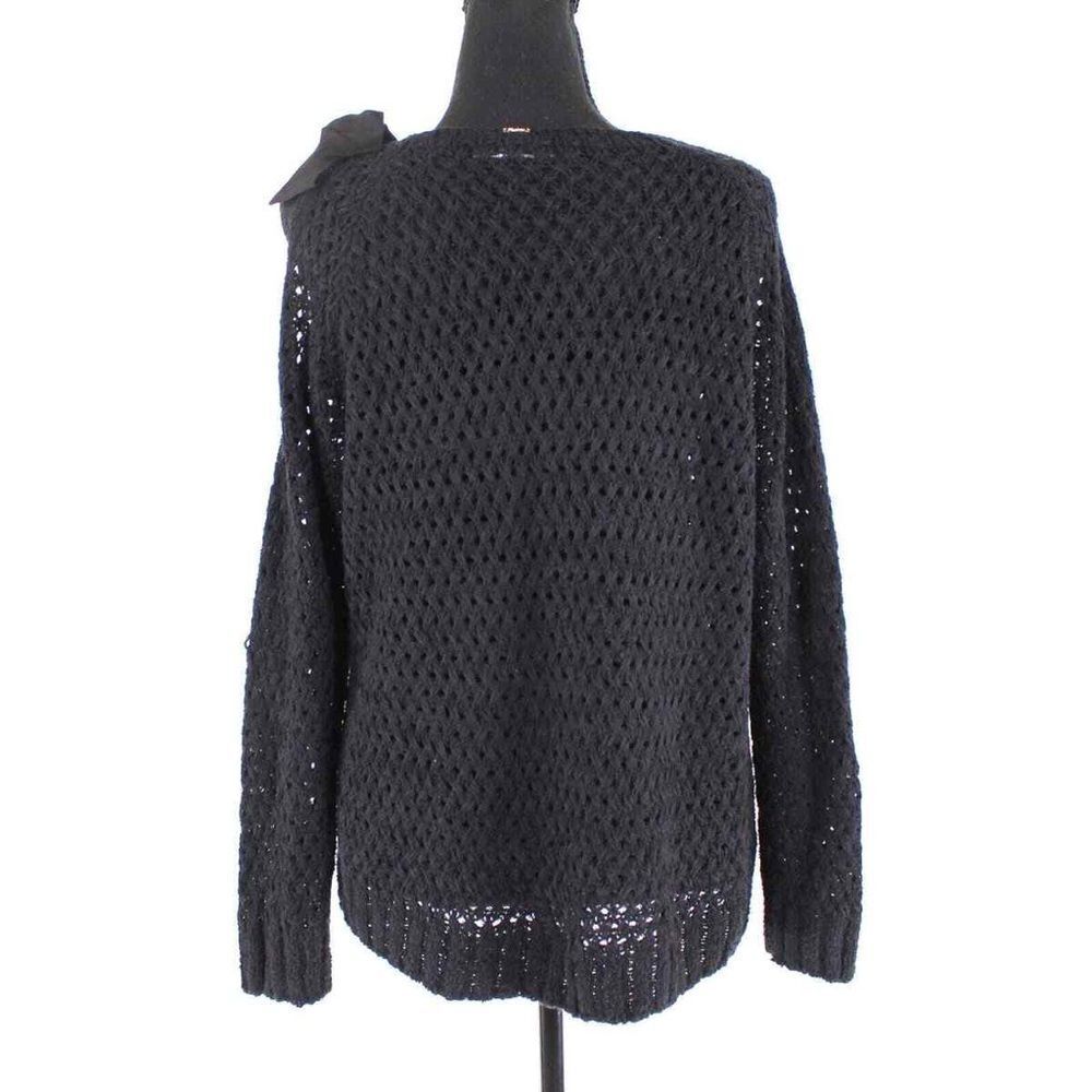 St. John Silk Bow Black Cotton Open Knit Sweater Small Round Neck Long Sleeve